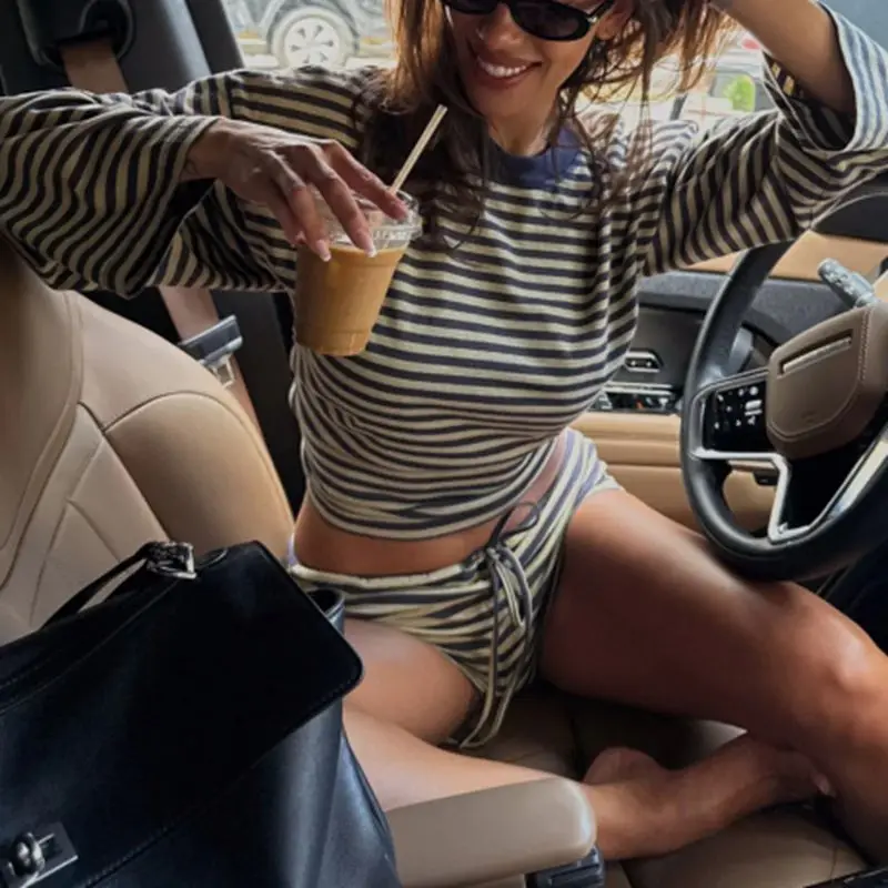 

Combhasaki Women 2Piece Striped Loungewear Outfits Set Long Sleeve Crew Neck Loose Pullover Shirt + Drawstring Shorts Tracksuits