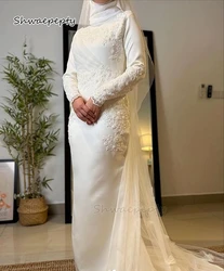 Muslim Wedding Dresses Beaded Lace Appliques Long Sleeves Hijab Formal Gowns White Satin Mermaid Bridal Dress Customized