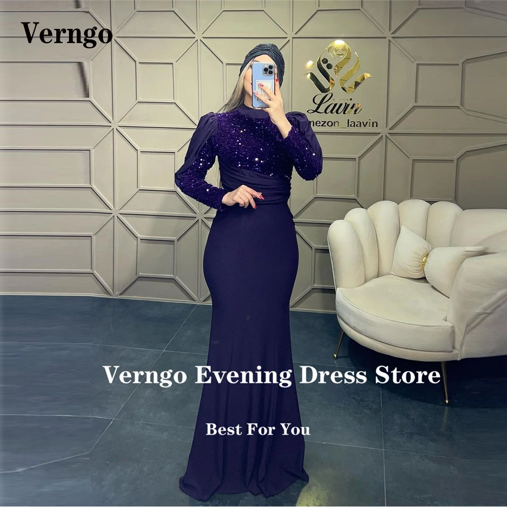 

Verngo Modest Sparkly Sequin Stretch Satin Dubai Arabic Women Evening Dresses Long Sleeves High Neck Purple Formal Prom Gowns