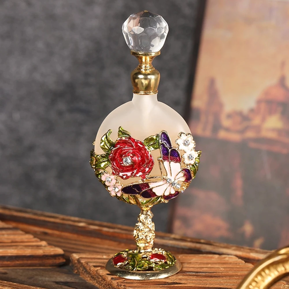 1pc 7ml Empty Vintage Perfume Bottle Golden Slime Container Rose&Butterfly Embossed Decor Crystal Cap Refillable Beauty Gift