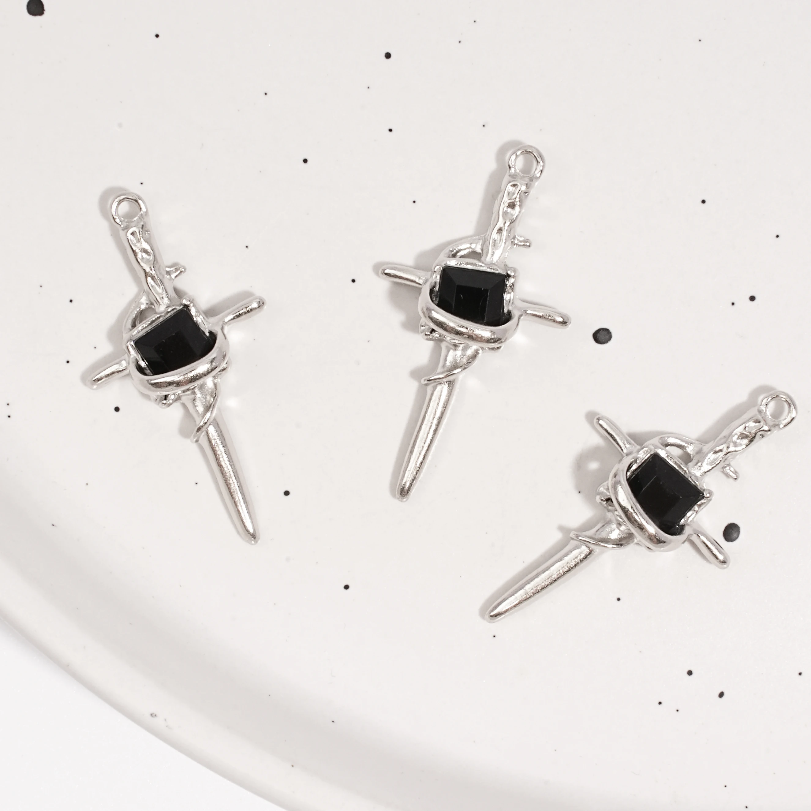 10 Pieces Silver-Themed Sword-Shaped Cross Jewelry Set with Black Square Brick Inlay - Pendant Necklace & Bracelet Access