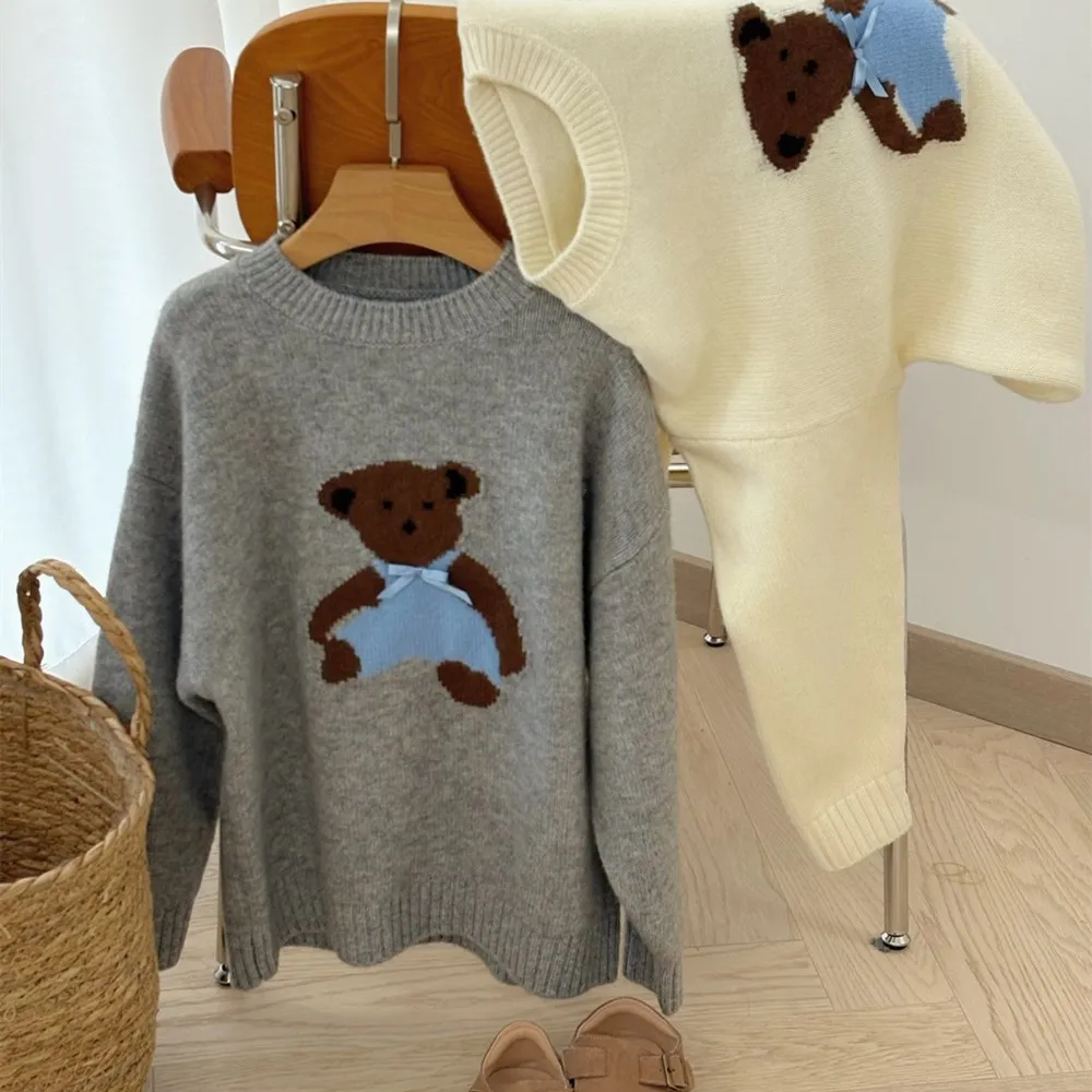 سترة رمادية للأولاد والبنات منقوشة برسوم كرتونية سترة صوف عصرية دافئة ومريحة