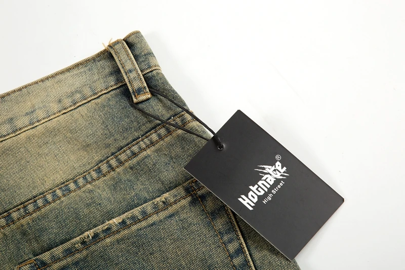 Vintage übergroße Split Deconstructed Herren breite Jeans Baggy Yellow Mud Dyed Washed Denim Jeans Cat Whisker Straight Denim Hose – Detail 18