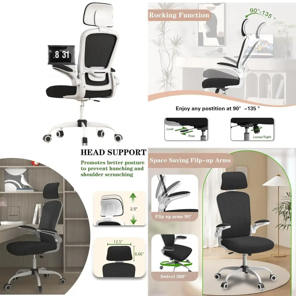 

Эргономичное кресло с сетчатой спинкой для длительной работы – регулируемая поясничная поддержка, подголовник, мягкое сиденье, откидные подлокотники, идеально подходит для офиса и дома