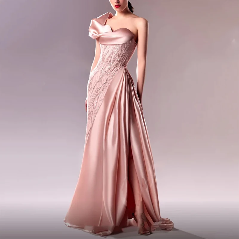 Luxury Pink One-Shoulder Formal Evening Dresses Lace Applique Ruffle Side Slit Prom Dresses Customized robe soirée