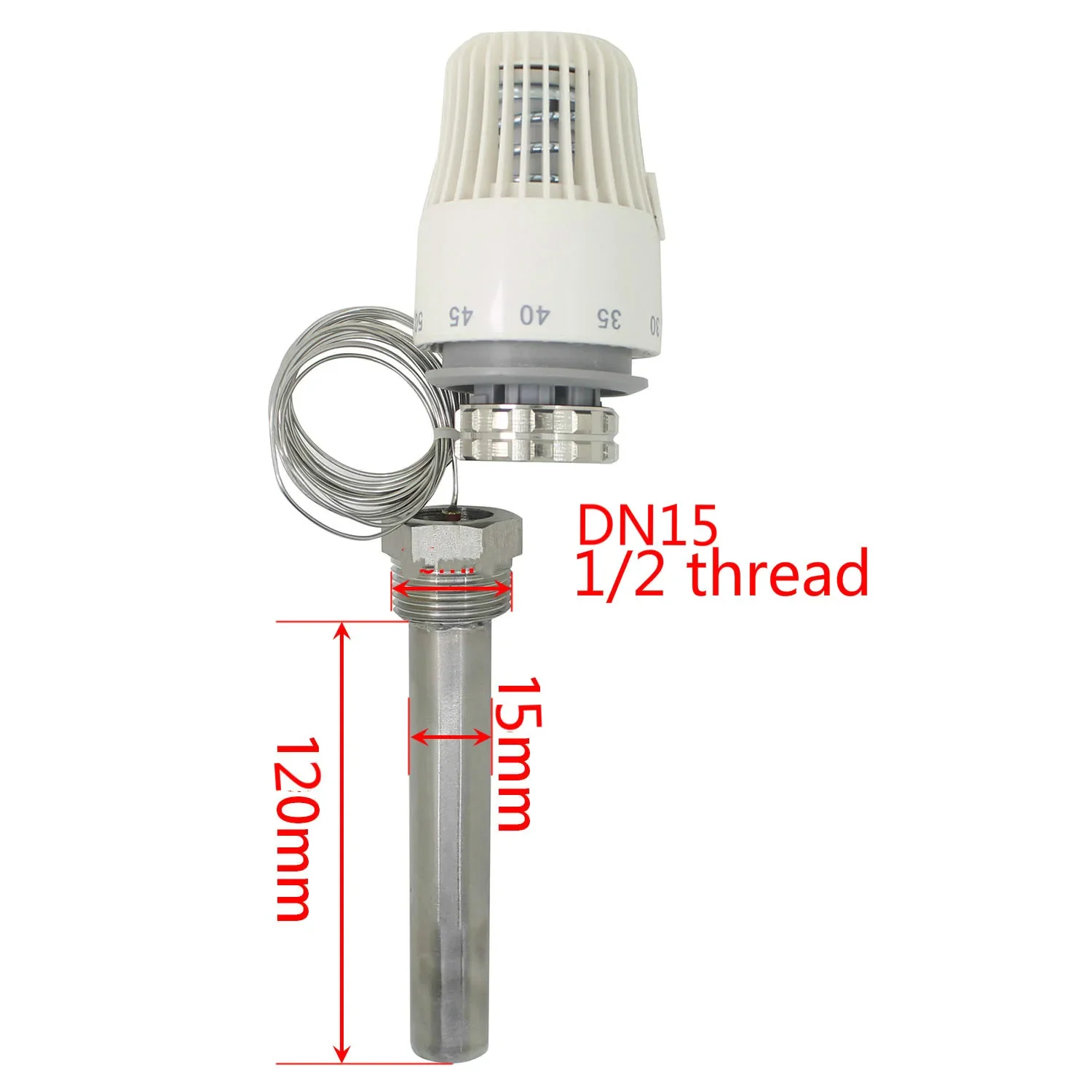 30-70 องศาควบคุมระบบทำความร้อนหม้อน้ำ thermostatic วาล์วหัว M30 * 1.5 มม.รีโมทคอนโทรล 1/2 Thermowell ท่อ