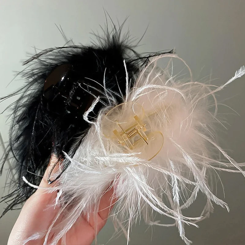 Large Ostrich Feather Hair Clips Women Ladies Elegant  Black White Feather HairpinsWinter Clamps Claw Shark Clip Headwear Pin