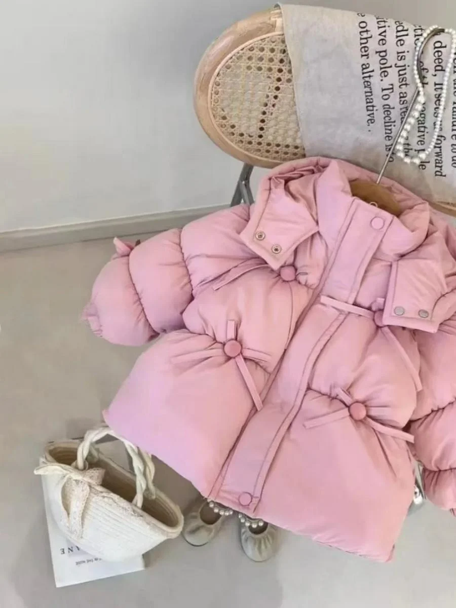 

Girls Cotton Jacket 2025 New Style Sweet 3D Ball Knot Warm Hooded Cotton Coat Outerwear Top for Toddler Girls