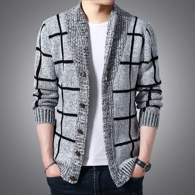 Mężczyźni Jesień Sweter z dzianiny Płaszcze Sweter z dzianiny Slim Fit Pull Homme Mężczyzna Wiosna Sweter Mężczyźni Kardigan w kratę