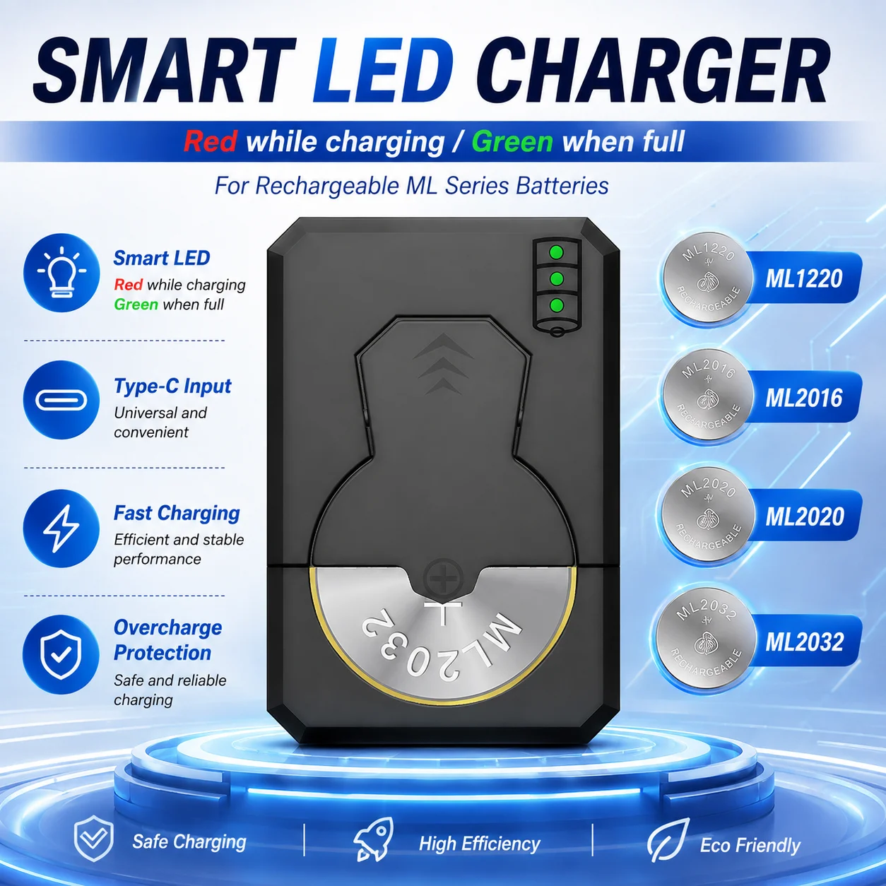 ML2032 ML1220 ML2016 ML2020 Rechargeable Coin Cell Battery Charger Smart LED Indicator 3V Lithium Button Battery Fast Charger