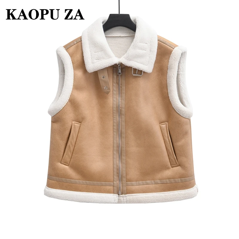 KAOPU ZA 2024 Autumn New Woman Sophisticated Sleeveless Fleece Top Vest Trendy Woman's Turn-down Collar Gilet Waistcoat zipper