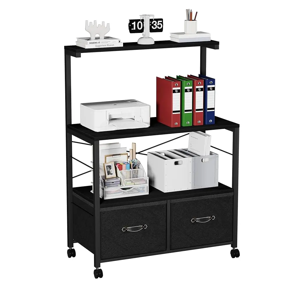 

Lateral File Cabinet With 3 Shelf, 2 Drawer File-Cabinet On Brakeable Wheels, Large Printer Stand With Open Storage Shelf Fits