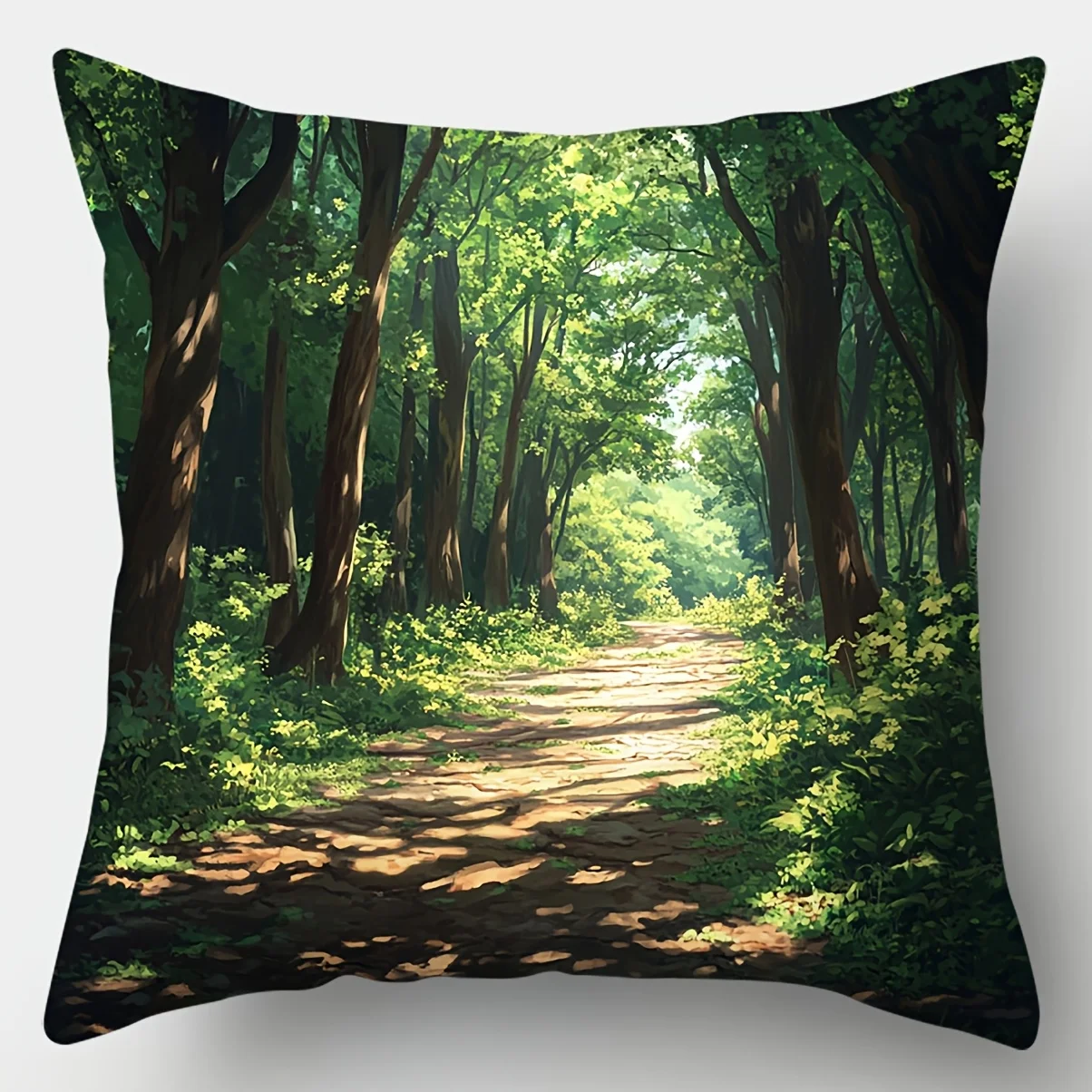 Sunlit Forest Path Throw Pillow Covers, Green Woodland Nature Scenery Cushion Cases, Decorative Pillowcases for Living Room Sofa