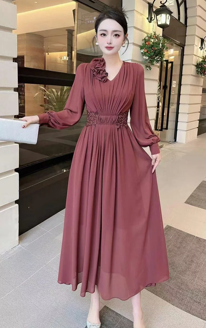 High Quality Chiffon Long Dress 2025 Spring Women Sexy V-Neck Luxurious Embroidery Long Sleeve Wine Red Maxi Dress Party Evening