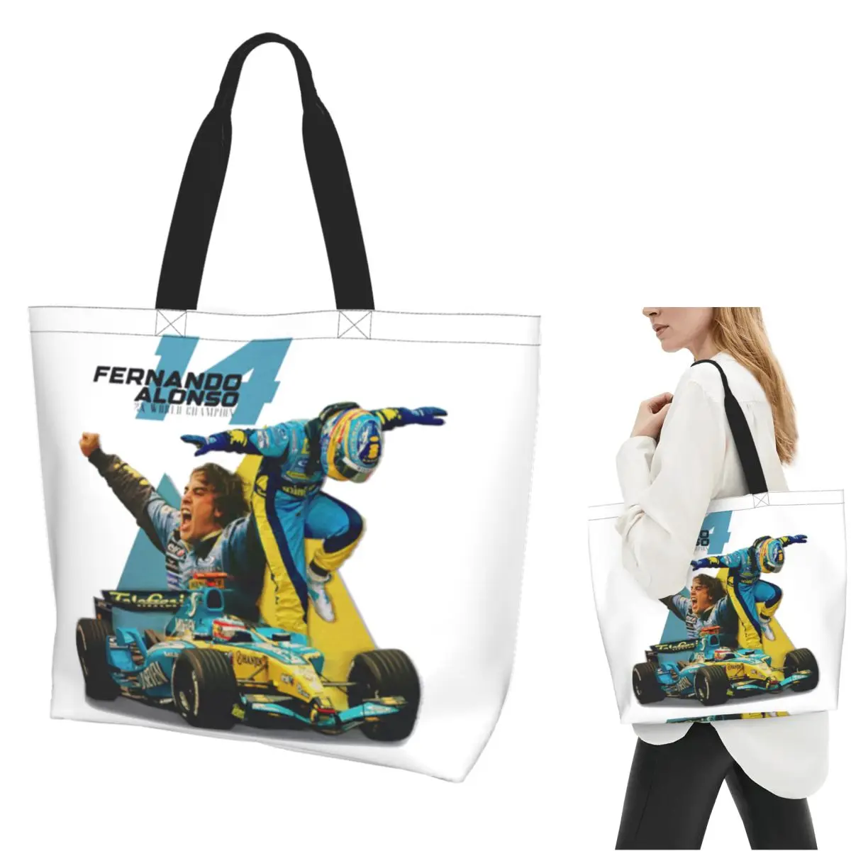 Fernando Alonso Celebration Shopping Tote Bag Canvas Large Capacity Shoulder Bags Shopper Grocery Handbag for Women