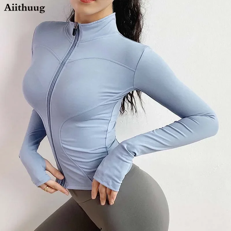 Aiithuug-chaquetas ligeras ajustadas para mujer, chaqueta deportiva con cremallera completa para Yoga, correr, con agujeros para el pulgar para