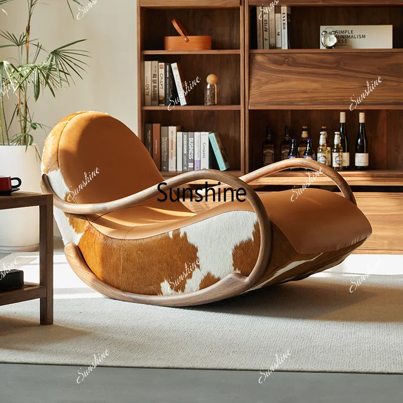 

Minimalist Black Walnut Chair Armrest Rocking Italian Living Room Sofa Recliner Leather Leisure Balcony Sillon Furniture Home F