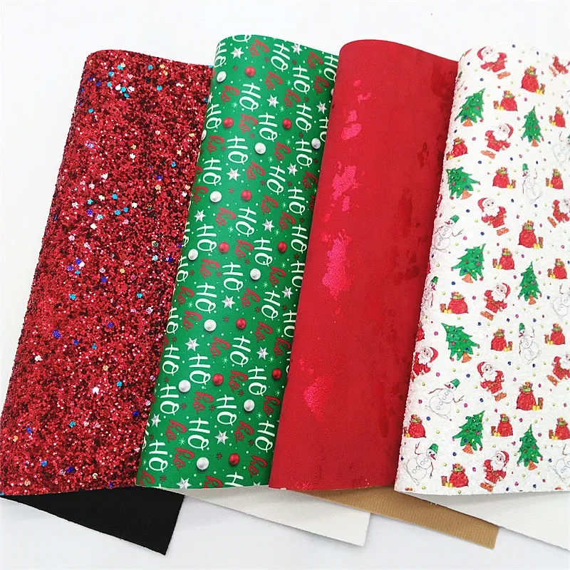 Red Glitter Leather Sheets Christmas Tree Santa Claus Printed Glitter Faux Leather HO Leather Metallic For Bow DIY 21x29CM Q1523