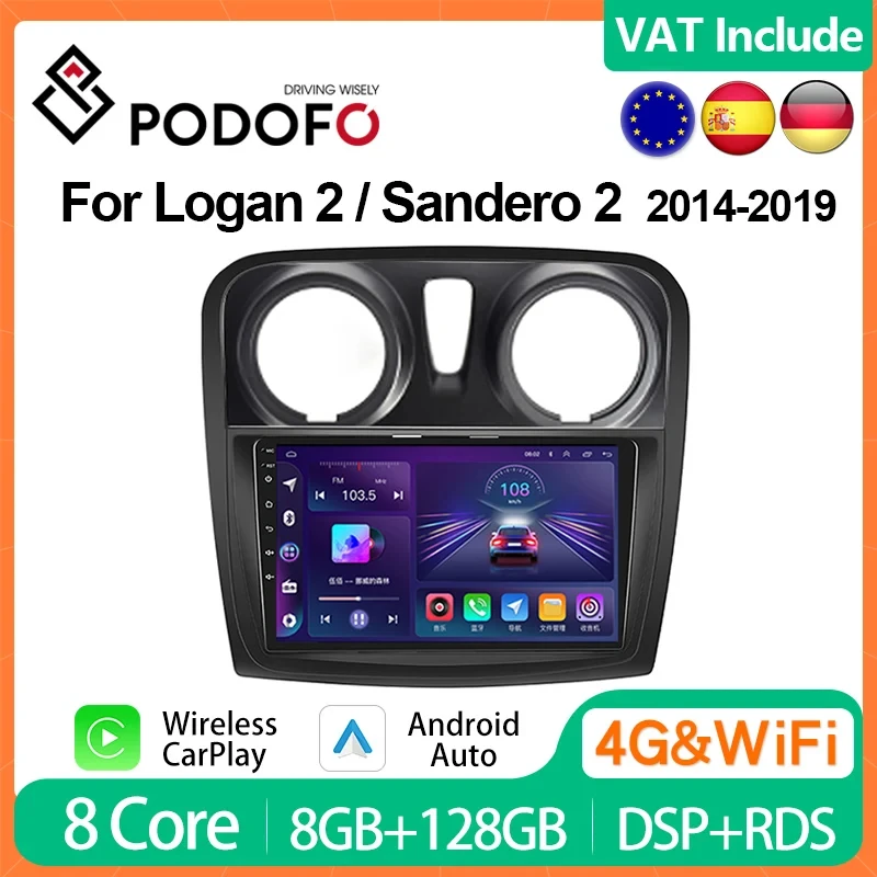 Podofo 8G+128G CarPlay For Renault Logan 2 Sandero 2 2012-2019 Android Car Radio 4G Multimedia Player 2din Head Unit HiFi Stereo