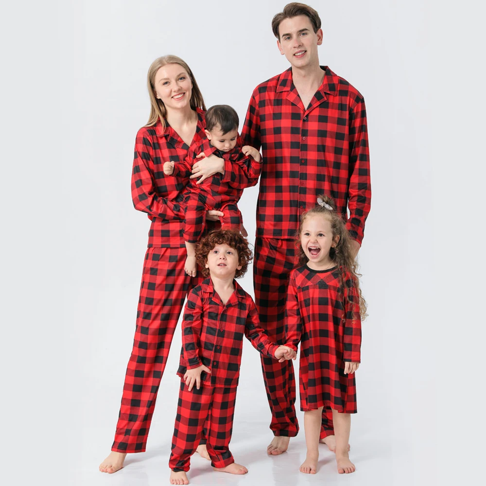 2026 New Christmas Family Pajamas Plaid Print Mom Dad Kids Matching Clothes Full Sleeve Button Shirt Boy Set Girl Dress Xmas