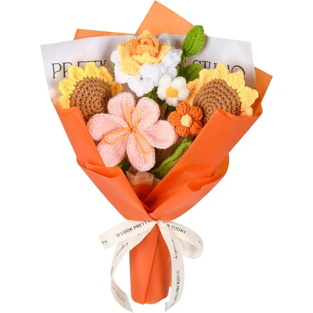 باقة زهور كروشيه هدايا زهور كروشيه مصنوعة يدويًا، ورود كروشيه توليب عباد الشمس 7 قطع لعيد الأم وحفلات الزفاف وأعياد الميلاد #1