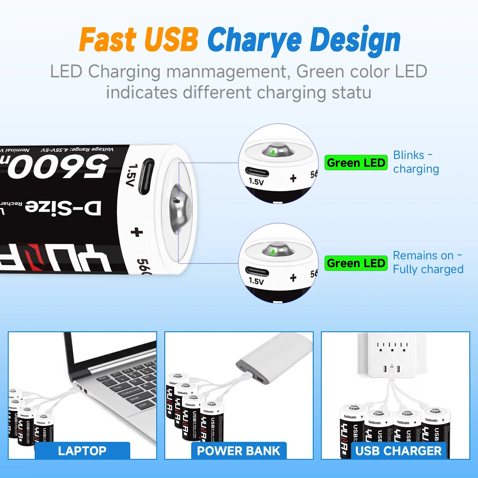 YUNAO Rechargeable Type d 1.5V 5600mWh battery USB LR20 lithium-ion type C battery for gas stove water heater electronic organ