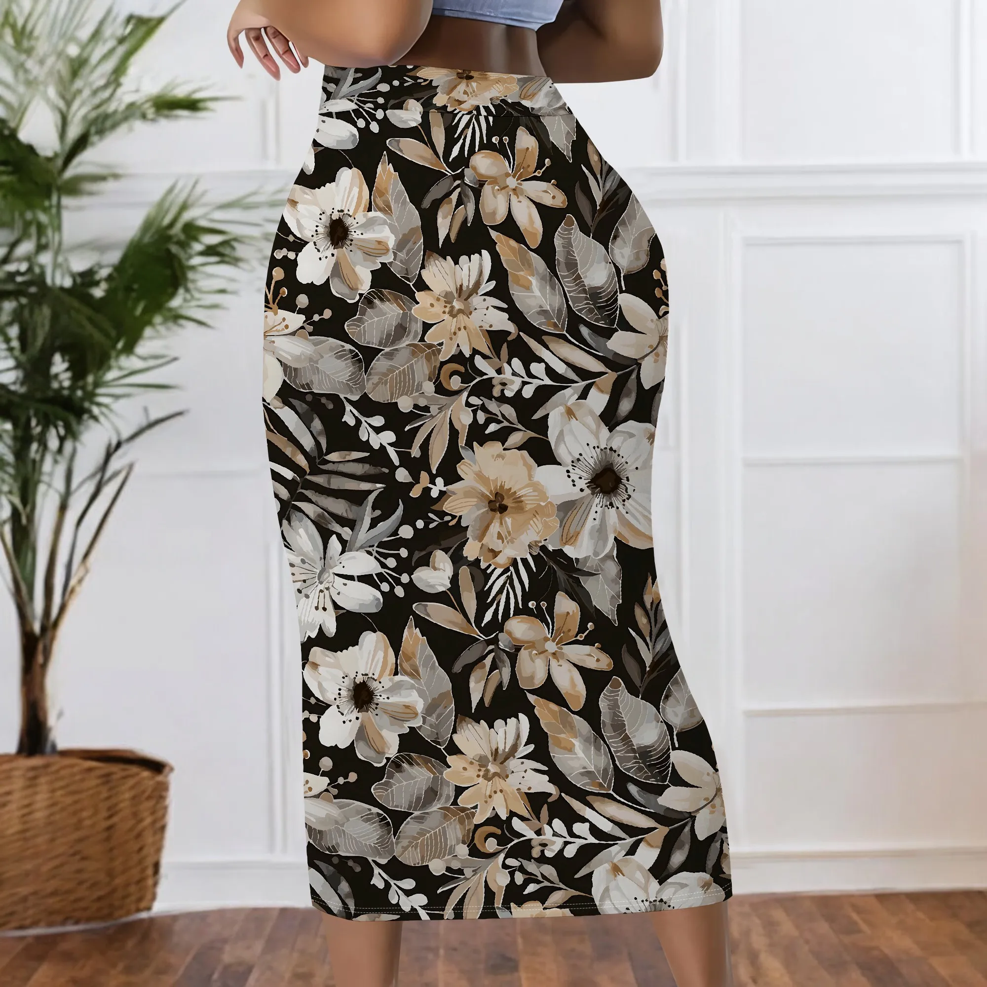 Blumendruck, Midirock, Schwarze Basis, Beige Blumen, Hohe Taille, Bleistiftschnitt, Bürokleidung, Party-Outfit, S-2XL – Detail 4