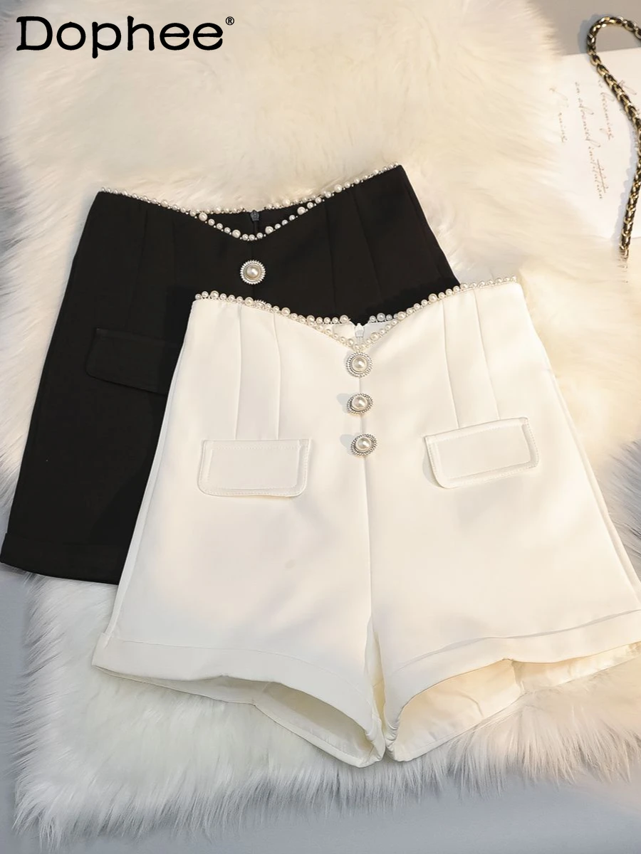 

Bead-encrusted Diamond Casual Breasted Shorts Spring and Autumn New High-waisted Wide-leg Shorts 2024 New Shorts Women