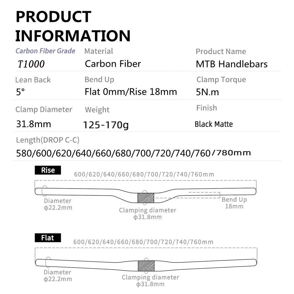 RACE SPEED T1000 carbon handlebar MTB Handlebar Flat Or Rise Handlebar black 31.8*580-/700/720/740/760/780mm bike frame parts
