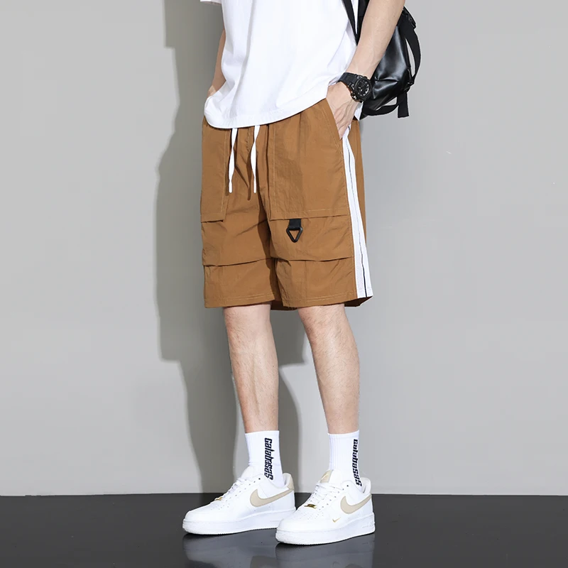 Summer Striped Solid Color Pockets Drawstring Elastic High Waisted Loose Men\'s Clothing Sweatpants Straight Knee England Shorts