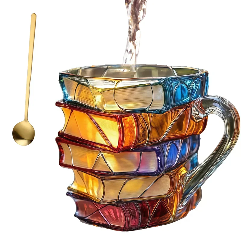 B08B-3D Painted Book Coffee Mug -Book-Shaped Cup,11Oz Glass Coffee Cupshaped Cup For Book Lovers,Readers,Librarians & Writers