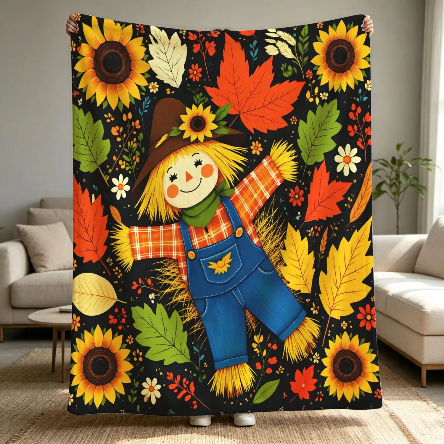 [Flannel Blanket] Autumn Scarecrow Blanket, Autumn Harvest Yellow Floral Pattern Blanket, Country Farmhouse Style Decorative Gift