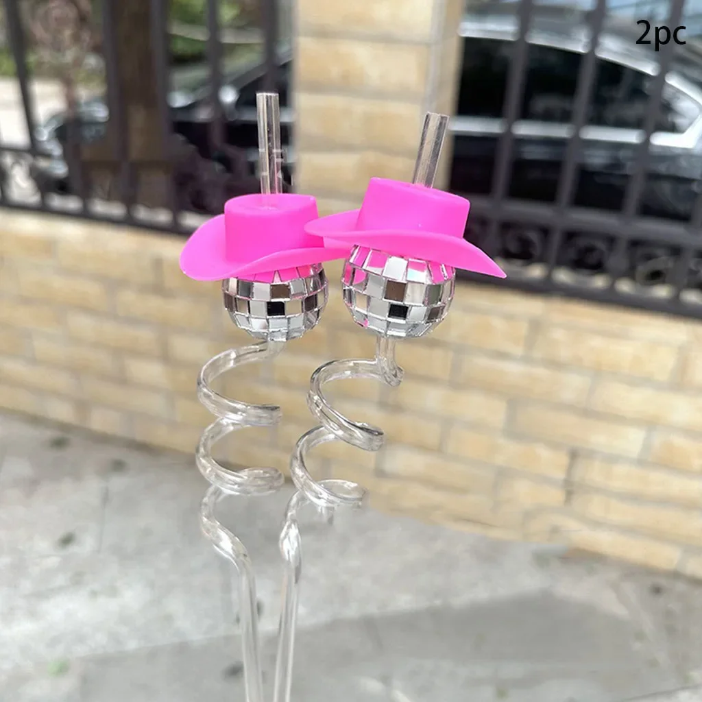 2pcs/set Cowboy Hat Straw Disco Party Decor Mini Cowboy Hat Straw Adult Birthday Bachelorette Party Bride To Be Party Straws