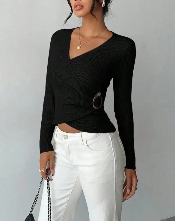 

Autumn and Winter Short Slim Fit Base Top Long Sleeved V-Neck T-Shirt