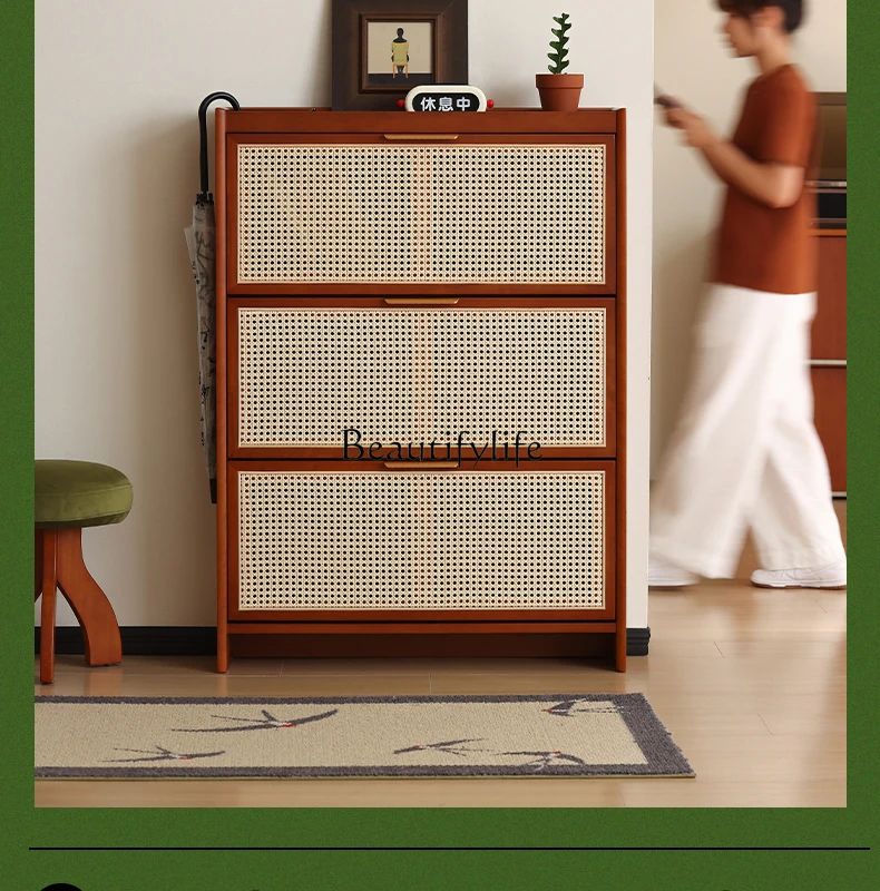 

Rattan shoe cabinet Solid wood household door porch cabinet Small apartment tipping bucket ultra-thin shoe rack