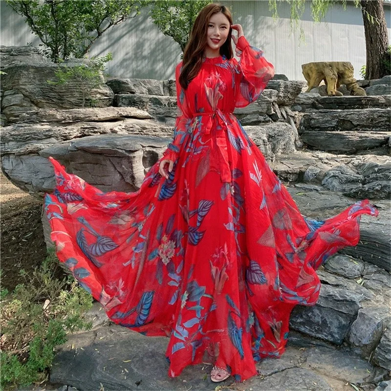 الصيف عطلة الشاطئ السفر فستان ماكسي البوهيمي الأمومة صورة تبادل لاطلاق النار ألابية موضة مسلم فضفاض الشيفون فستان طويل شاطئ البحر #2