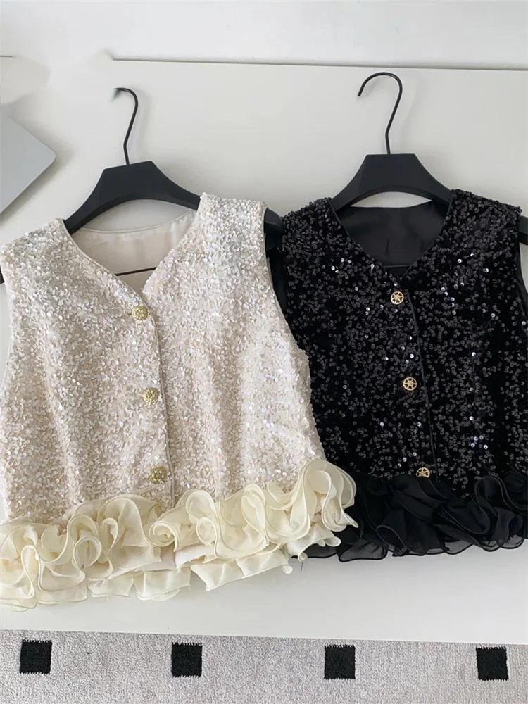

Вечерняя модная майка с блестками без рукавов, однобортный, с оборками по подолу, женский винтажный универсальный роскошный жилет