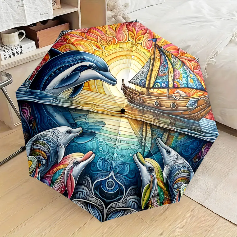 Colorful Dolphin and Sailboat Sunset Art Umbrella Design portable waterproof sun rain umbrella for outdoor travel beach