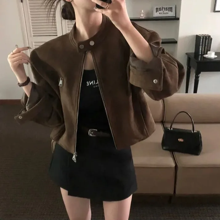 

Retro Sle Women's ort Biker Jaet Loose Fit Stand Collar Zipper ket Autumn Faion Outerwear Versatile Ladies Coat