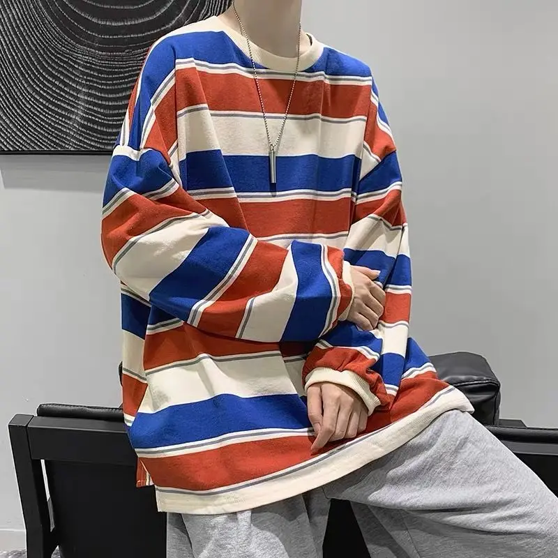 

Men's Harajuku Striped Loose T Shirts Spring Autumn New Long Sleeve O-Neck All-match Hoodie Street Casual Fashion Men Clothing