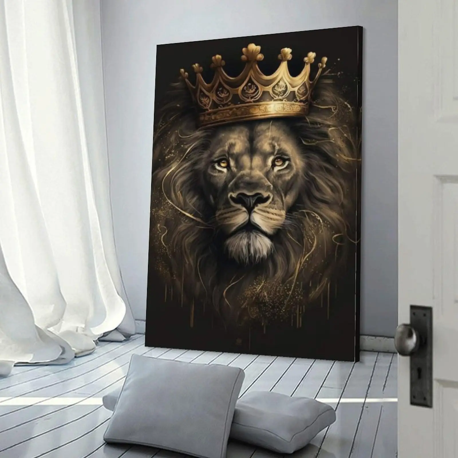 Lion King with Crown Canvas Poster, Animal Print Wall Art Decor for Living Room, Bedroom, Home Office - Frameless Modern Art Dec