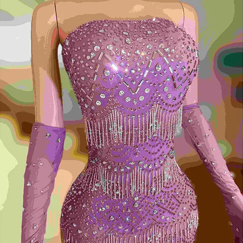 Gogo strass Stage Costume donna nappa vestito viola Nightclub Bar Performance Outfit Festival abbigliamento Glitter Dress