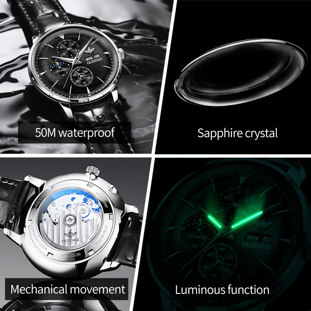 OUPINKE 3309 メンズ腕時計 レザーストラップ オリジナル多機能機械式時計 ﻿   防水ムーンフェイズ腕時計男性ギフト用