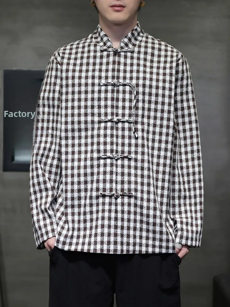

Plaid Long Sve irt Men's Spring Autumn New Chinese Sle Retro Button Tang Costume Coat Improved Hanfu Loose Fit Youth T...
