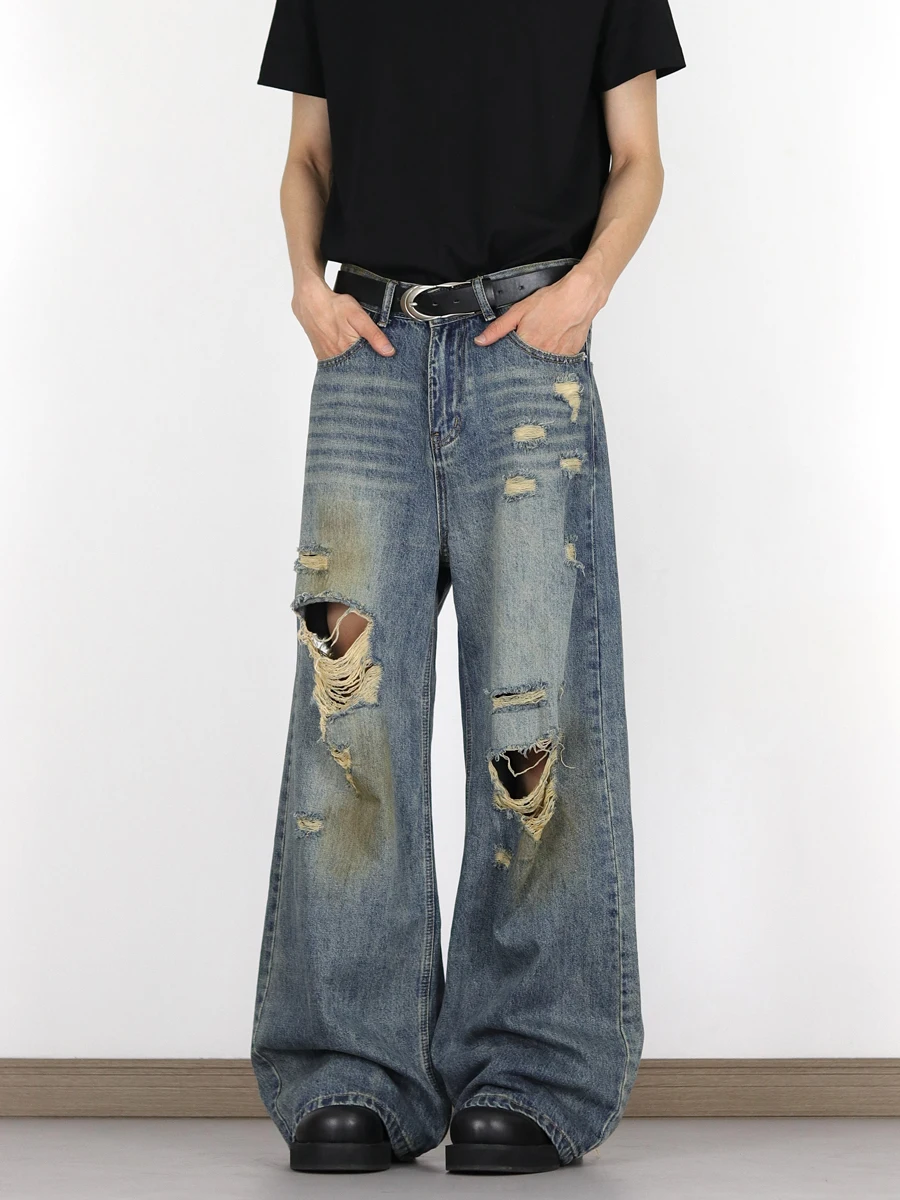 

Мужские джинсы American Sle в винтажном стиле с эффектом потертости, широкие брюки в пол, уникальный дизайн, повседневные джинсы