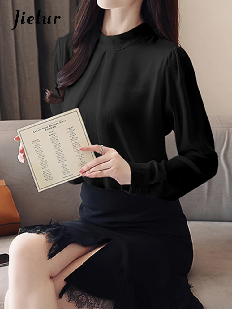 Jielur New Solid Color Slim Ladies Women Blouse Casual Fashion Elegant Blouse Woman Black and White Long Sleeve Chiffon Top