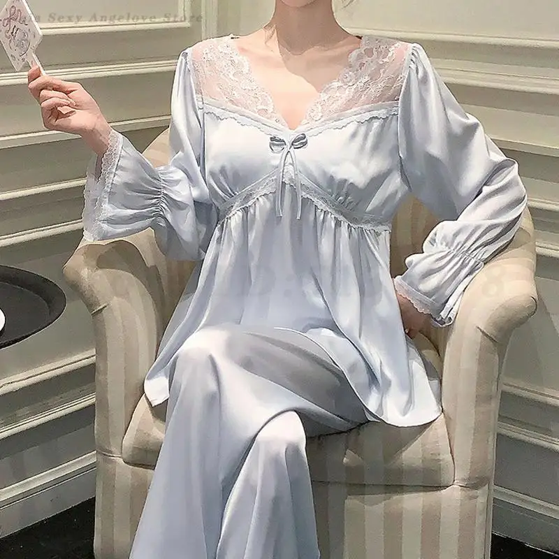

Lace V-Neck Pajamas Two-Piece Set Spring Autumn Women Sleepwear Trouser Pijamas Suit Elegant Nightwear Rayon Homewear Loungewear
