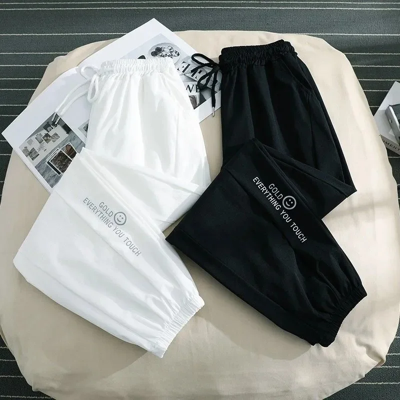 

Women's 2 Colors Smile Print Joggers Casual High Waist Drawstring Ankle Trousers Soft Breathable Daily Casual Pants