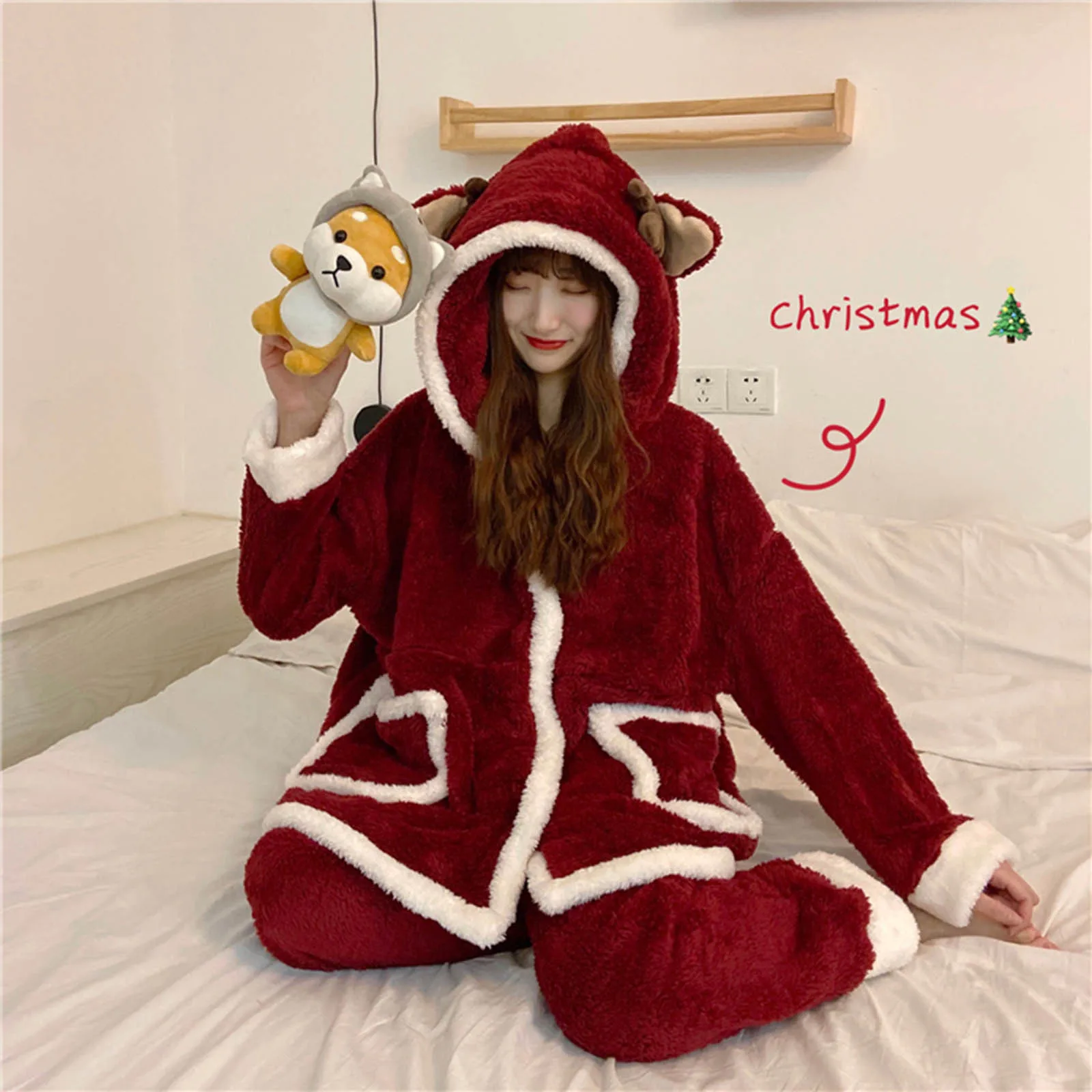 2023 Christmas Pajamas Adults Solid Cute Top+Pants 2pcs Xmas Sleepwear Kawaii Fluffy Warm Kimono Bathrobe Suit Cosplay Clothes