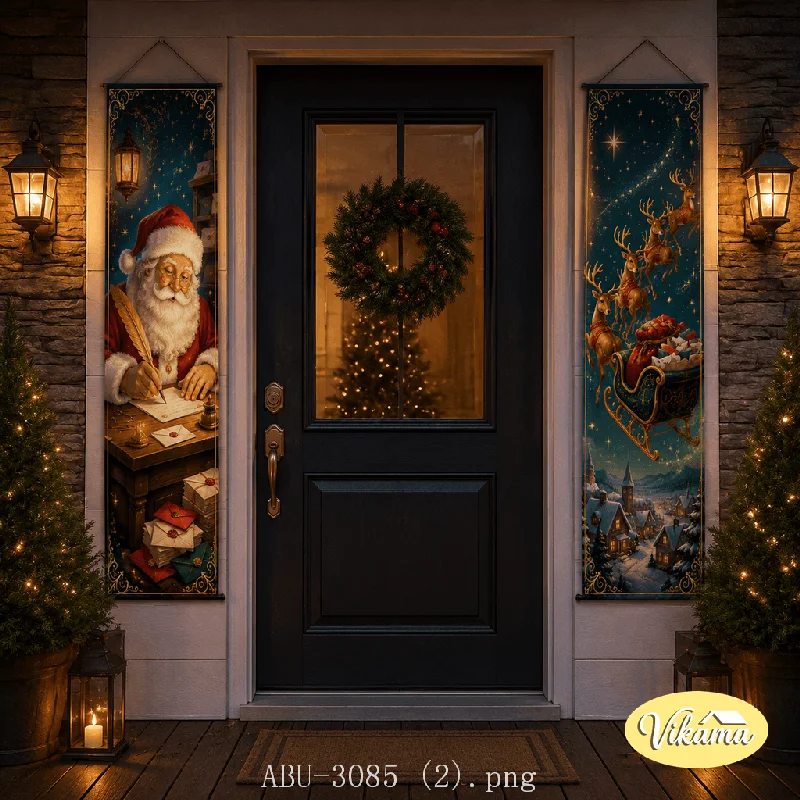 VIKAMA Vintage Christmas Porch Sign Tapestry Fireplace Elf Workshop Gift Front Door Porch Entryway Home Holiday Decor